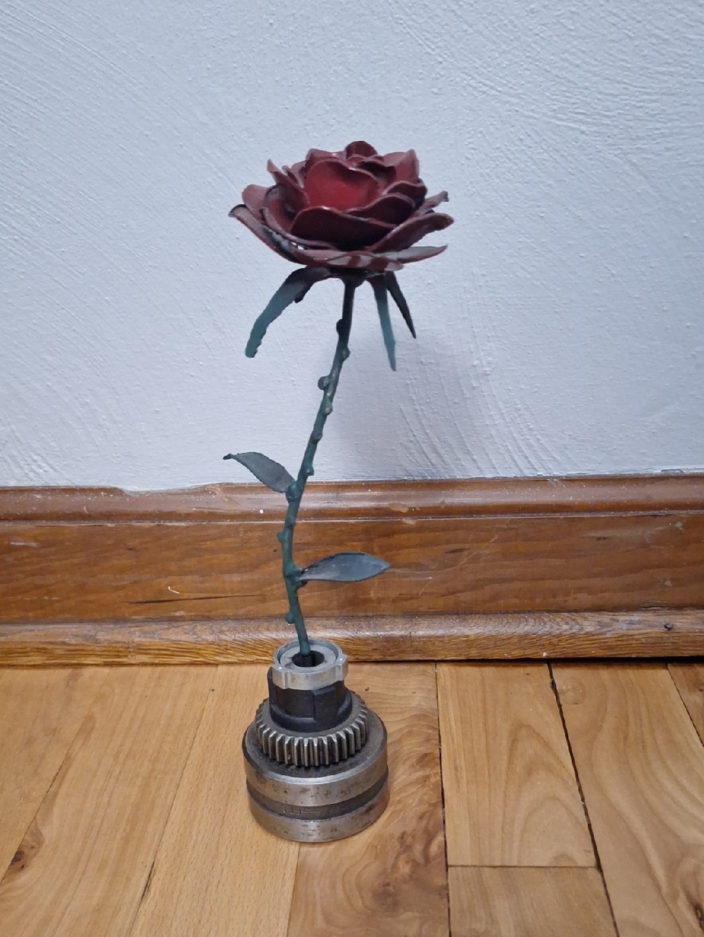 Handcrafted Metal Rose Sculpture in Deep Red by